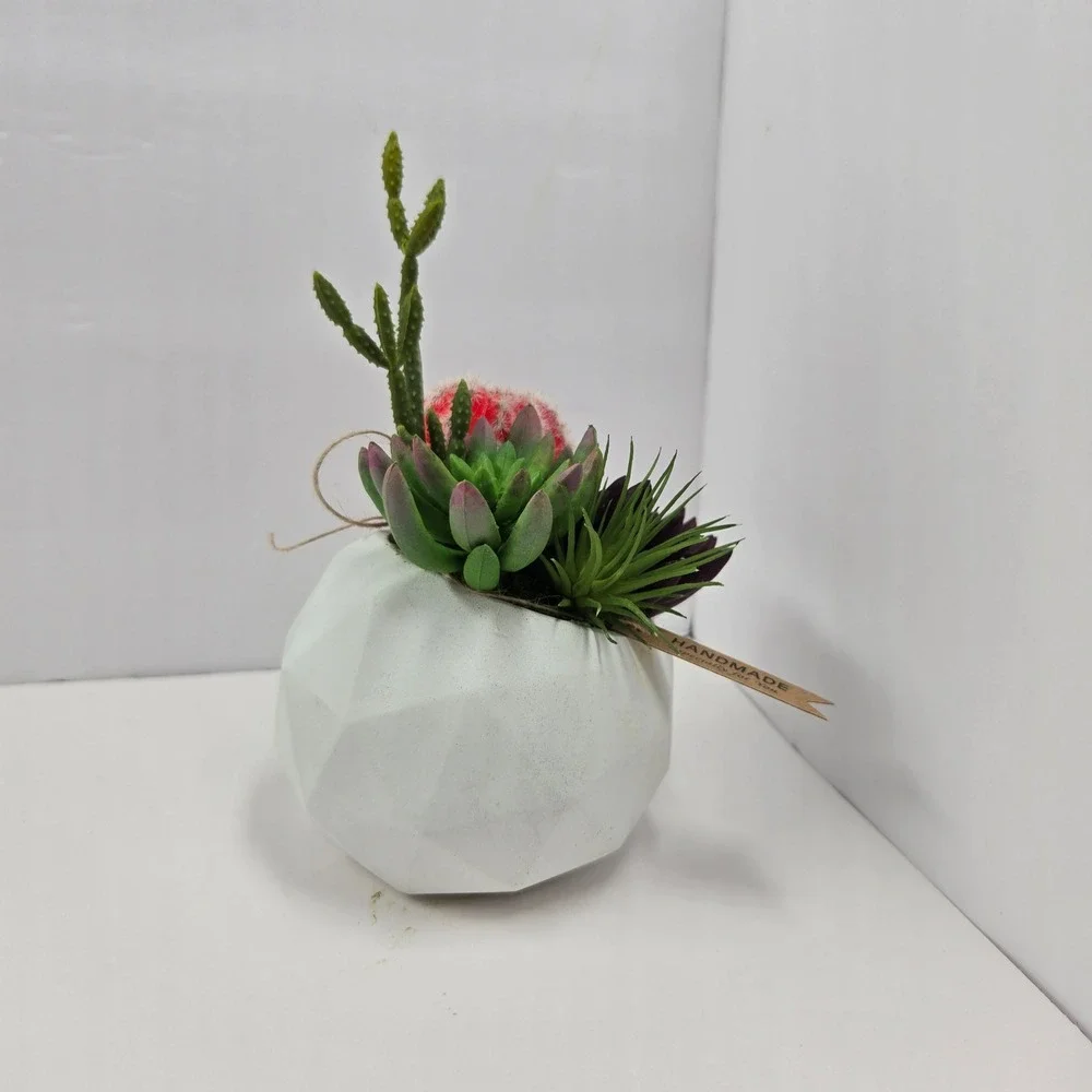 Handmade Artificial Succulent Cactus Arrangement White Geometric Pot Red Purple
